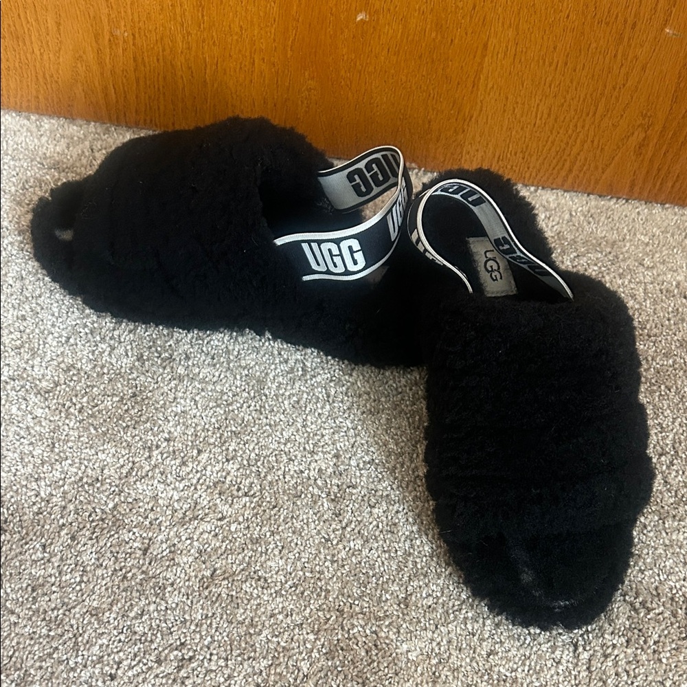 UGG Black Fuzzy Open-Toe Slippers